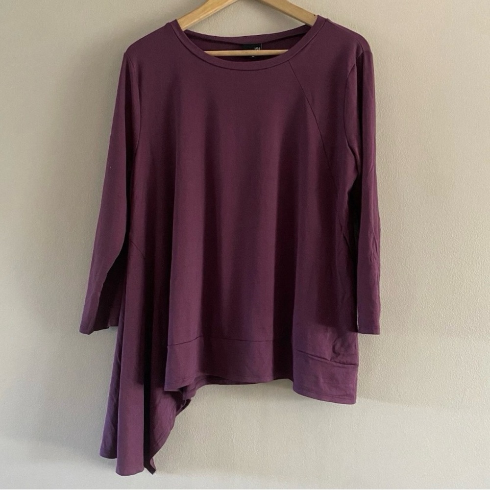 Lisa Bayne Women’s Asymmetric Stretch Tunic Top Lagenlook 3/4 Sleeve Size LARGE